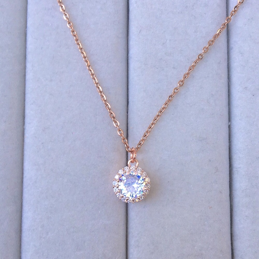 Cubic Zirconia Crystal Halo + Rose Gold Drop Pendant Necklace
